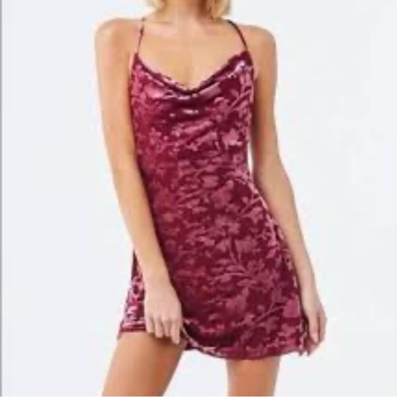 Forever 21 Dresses & Skirts - Floral Velvet Burnout Pink Purple Slip Dress sz M Cowl Neck Devore Mini Party